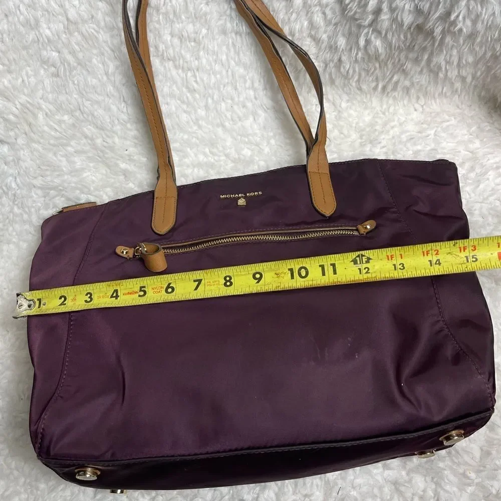 Michael Kors Nylon Aubergine  large tote tan leather straps,gold tone hardwares